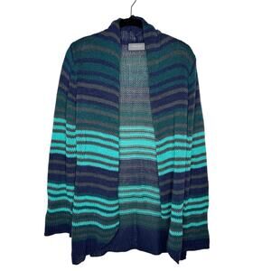 WOODEN SHIPS / navy teal blue striped open knit long cardigan sweater / M/L